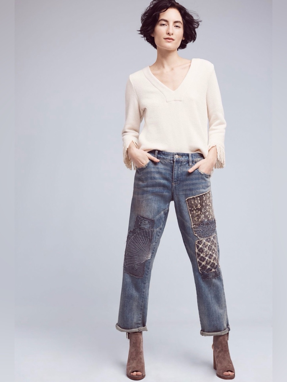ANTHROPOLOGIE PILCRO Hyphen Mid-Rise Cropped Patchwork Boyfriend Jeans Sz 27